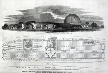 Byggnad för den stora industriutställningen, 1850 (gravyr) (bw foto)